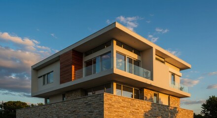 Contemporary House with Flat Roof and Stone Foundation
