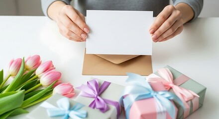 Obraz premium Hands Holding Blank Card, Gift Giving, Spring Flowers.