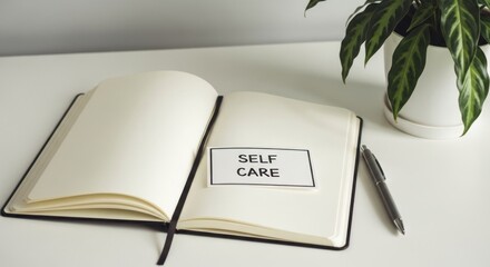 Open journal with "Self Care" note, pen, potted plant on a white surface