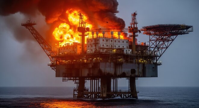 Oil rig ablaze, engulfed in flames and smoke on ocean platform