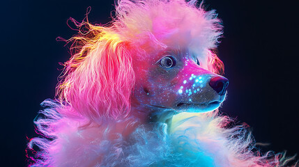 Poodle with elegant fiber-optic fur strands and advanced emotional AI module 