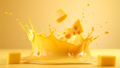 Cheese cubes splashing into a yellow fluid, creating a vibrant crown