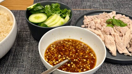 Khao Man Gai, Hainanese boiled chicken with fragrant chicken-broth rice, ginger–soy dipping sauce and cucumber; Thai street-food set