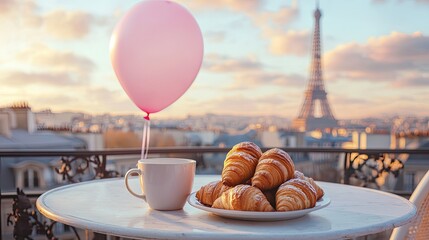 photo of a table in Paris with a cup of aromatic hofe and a mountain of small croissants in a plate, a balloon tied to a chair, pink clouds in the sky.