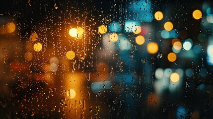 Raindrops glistening on a window with a blurry outdoor view.