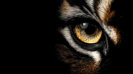 鋭い虎の目のクローズアップ写真。野生動物や自然の力強さを表現する素材。