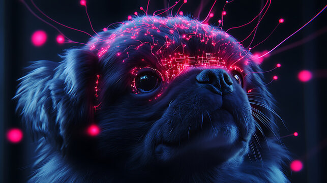 Pekingese with fluffy layered circuits and brain-wave detection nodes 