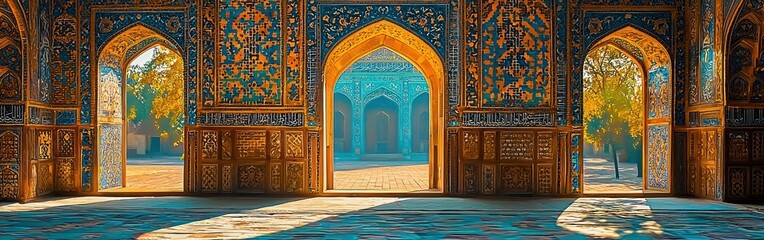 Ornate arches, intricate blue and orange tilework, with bright sunlight