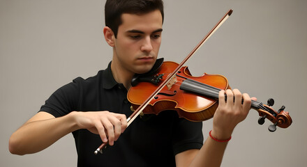 Fototapeta premium A focused young man practicing the violin, demonstrating musical talent and dedication