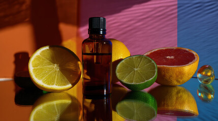 Essential oil bottle placed beside sliced citrus fruits with colorful glass reflection on vibrant backdrop creating warm and fresh mood