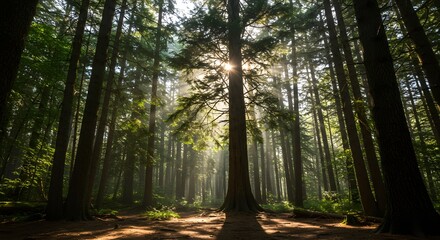 Naklejka premium Tall trees with sunlight streaming through a dense forest environment