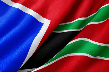 High resolution image of Kenya and Tanzania national flags side by side, full frame filled with waving fabric texture, clean sharp folds, photorealistic