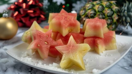 Colorful Watermelon Star and Cube Fruit Pieces on White Plate in Festive Holiday Setting