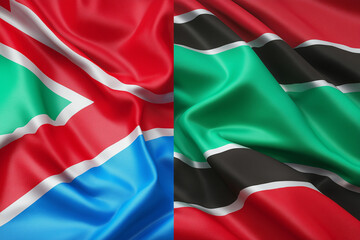 High resolution image of Kenya and Tanzania national flags side by side, full frame filled with waving fabric texture, clean sharp folds, photorealistic