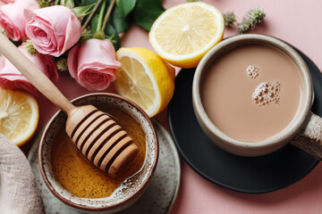 Rose milk tea with honey and lemon arranged on pink surface with fresh roses and wooden honey dipper creating warm inviting scene of beverage and floral ingredients
