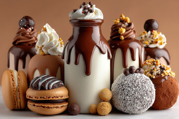 Creamy milk bottle with chocolate drizzle surrounded by assorted chocolate truffles, macarons, and whipped toppings creating decadent sweet dessert presentation full of appetitive appeal