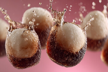 Iced lychee tea with splashing bubbles and floating lychee fruit in pastel pink refreshment mood