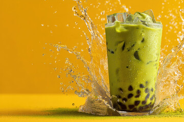 Iced matcha bubble tea with milk and ice in tall glass splashing water and tapioca pearls, appetitive cool drink with vibrant yellow background and energetic motion