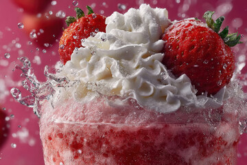 Strawberry milkshake with whipped cream and fresh strawberry garnish in splash of milk, vivid pink background conveying appetitive cool delight