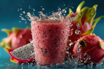 Tropical dragonfruit smoothie splash dragonfruit smoothie splash fruit beverage tropical pink white seeds glass
