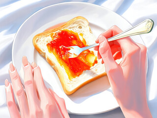 Person spreading jam on toast with spoon on white plate in soft morning light, hands visible, photorealistic editorial breakfast scene with glossy orange jam and white linen