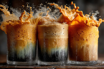 Espresso cappuccino mocha coffee drink splash foam froth brown creamy served glass set