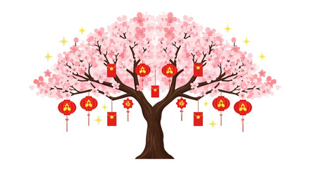 Pink Blossom Tree Adorned with Red Lanterns and Envelopes