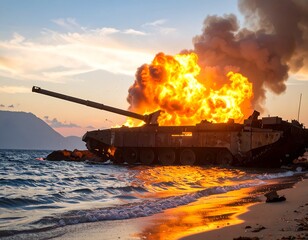 Tank explodes on beach at sunset