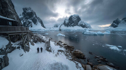 Couple in winter gear walking hand in hand on snowy deck by icy coastal water with towering iceberg and jagged mountain peaks under overcast sky, serene cold mood