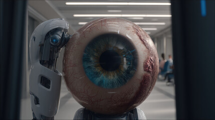 Robotic surgical unit performing complex nano surgery on synthetic eye implant in sterile futuristic lab with cinematic clinical lighting and focused precision