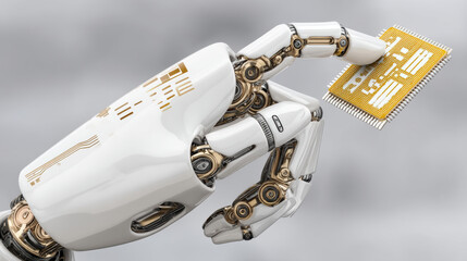 Futuristic robotic hand holding neural interface microchip in cold clinical operating theater, sleek white and gold prosthetic with exposed mechanical joint detail and high tech circuit design