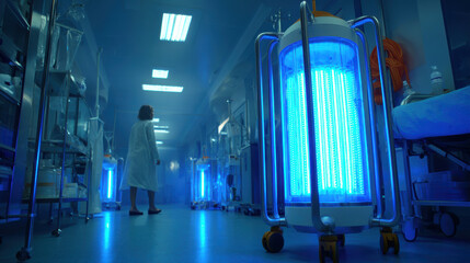 Healthcare entrepreneur adjusting portable ai diagnostic scanner sleek startup office futuristic clean environment soft ambient