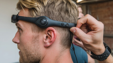 Man adjusting wearable medical headset on head in minimalist studio with warm emotion