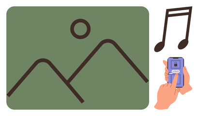 Smartphone unlocking with PIN, large photo and music note icons. Ideal for media consumption, security, file sharing, tech use, digital lifestyle, mobile apps, simple flat metaphor