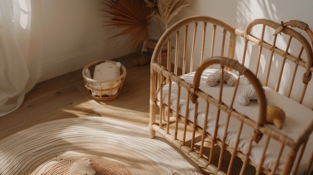 Cozy Baby Crib in Bright Nursery with Natural Light and Woven Decor