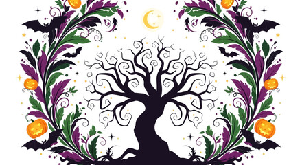 Obraz premium Spooky Halloween Silhouetted Tree with Bats and Pumpkins