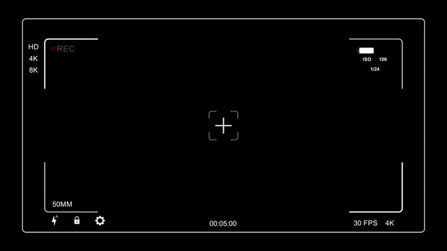 Camera Recording Screen Overlay Surveillance CCTV monitoring screen of direction 30s. Rec Camera Viewfinder Timer Focus Exposure Settings - Camcorder Video Camera Interface Display frame rate 25 fps.