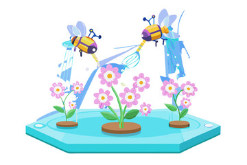 Two cartoon bees pollinating flowers on a blue platform