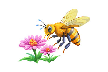 Cute cartoon bee flying towards pink flowers
