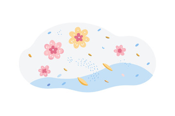 A whimsical illustration of small flowers and seeds floating in a light blue abstract shape
