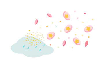 A cloud releasing seeds and petals in a playful abstract illustration