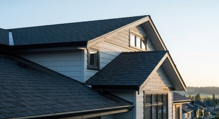 Residential house exterior angle; peaked dark roof, light siding, early morning light