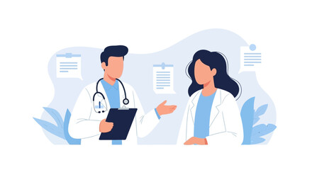 Two doctors in white coats discussing medical information with a clipboard