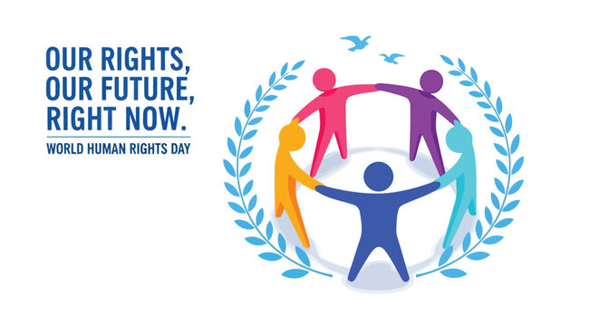 Vector illustration of world human rights day illustration with diverse people holding hands in a circle