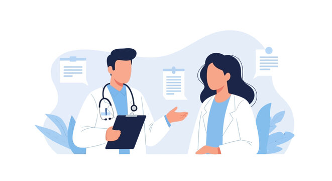 Two doctors in white coats discussing medical information with a clipboard