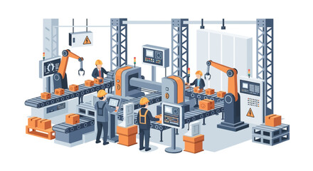 Fototapeta premium Vector illustration of a modern factory with an automated assembly line, robotic arms, and workers in hard hats.