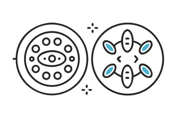 Two circular icons with abstract line art patterns and sparkles