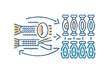 Illustration of fish tails and an egg transforming into multiple fish in jars