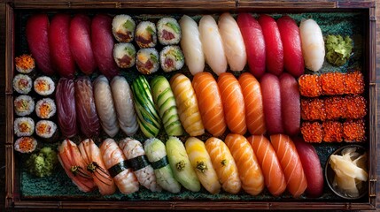 Elegant sushi platter with color gradient arrangement