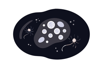 Abstract illustration of microscopic organisms with circular elements and tendrils
